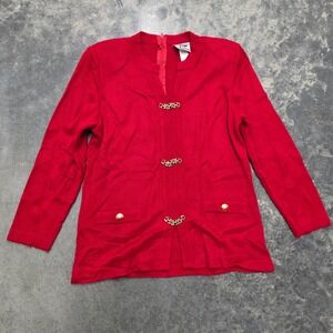 Vtg Mita Red Knit Petite Jacket  Gold Clasp Button Zip Women 10 80s Grandma Core